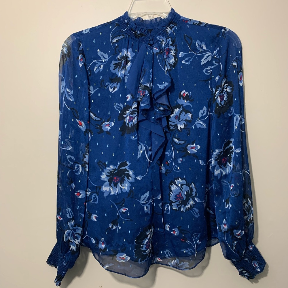 White House Black Market navy blue blouse with floral print and metallic shimmer